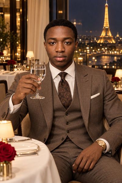 Man in taupe suit dines before glowing Eiffel Tower at night