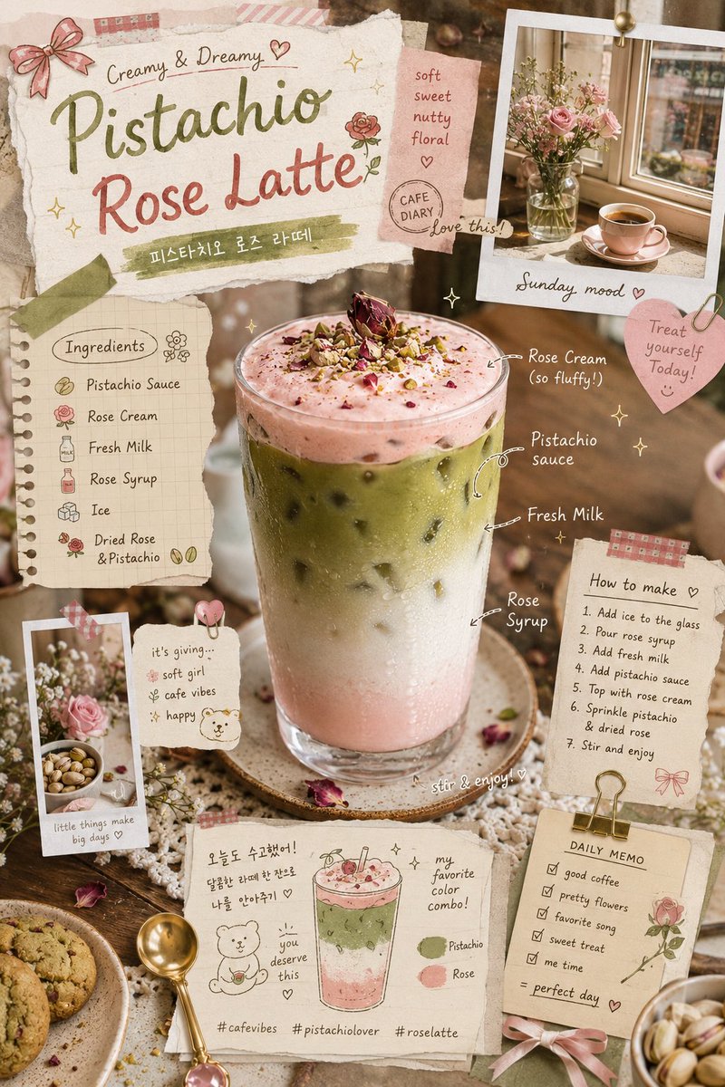 Pistachio rose latte iced drink with creamy foam and doodles