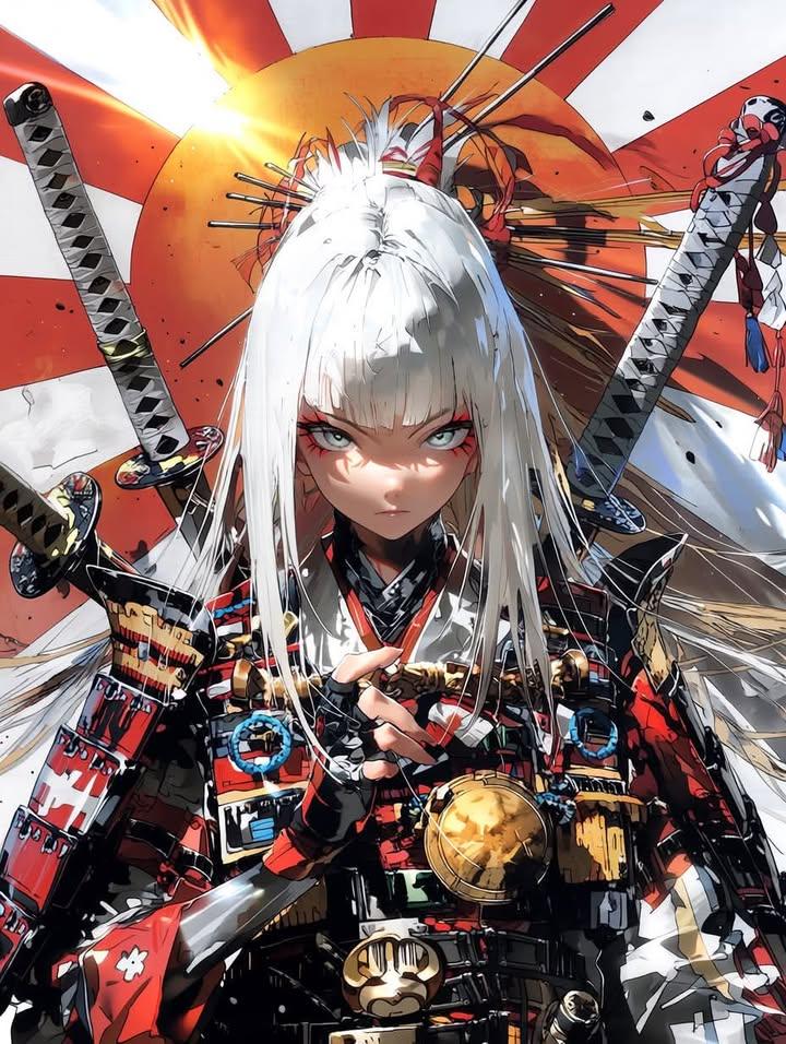 A fierce samurai girl warrior draws her katana in dramatic sunlight.