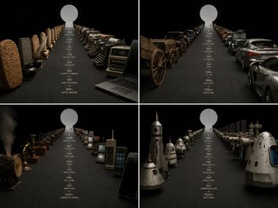 Ancient artifacts stretch in a forced-perspective tunnel through time