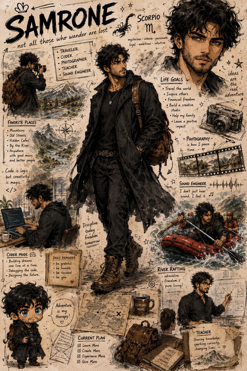 Samrone's character sheet features watercolor sketches and handwritten notes