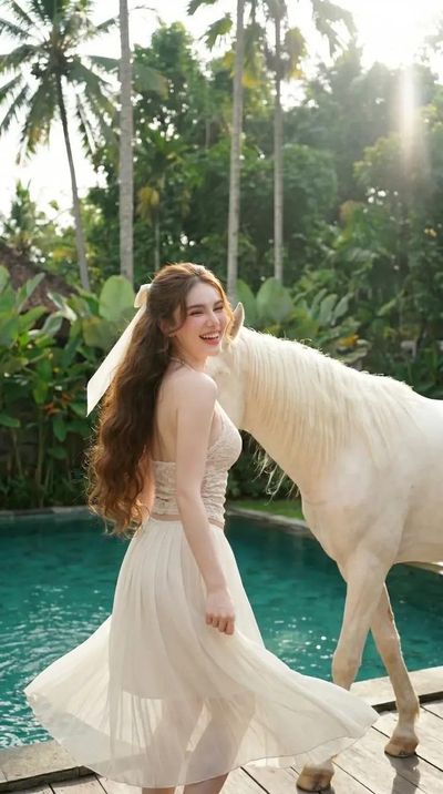 Woman in white lace touches a white horse by a pool