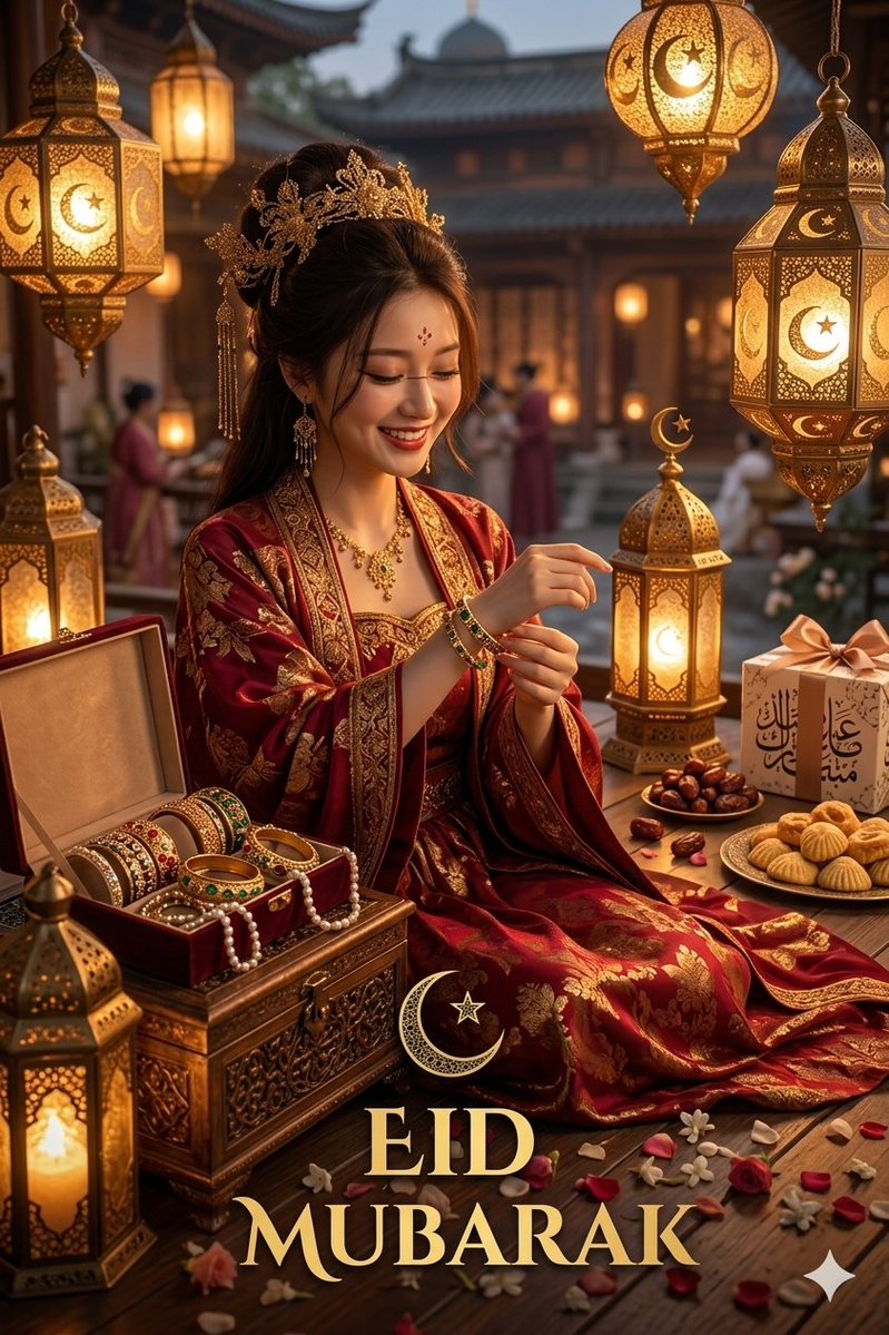 East Asian woman smiles radiantly while sliding golden bangle on Eid
