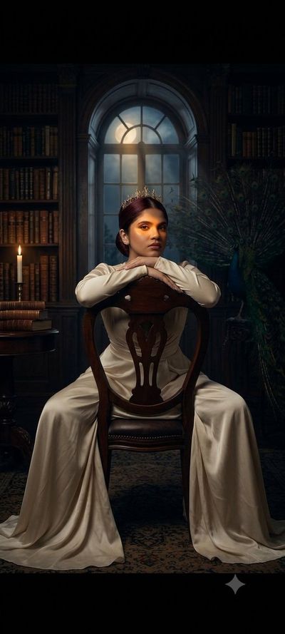 A woman straddles a baroque chair in a moonlit library