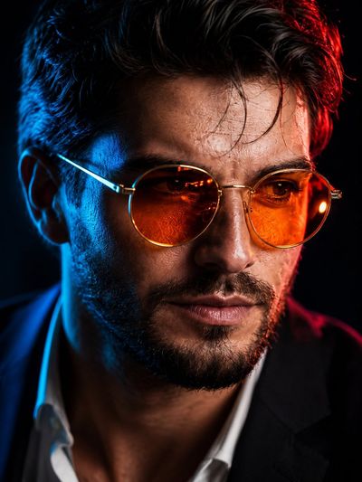 Man in gold glasses with neon blue and red rim lighting
