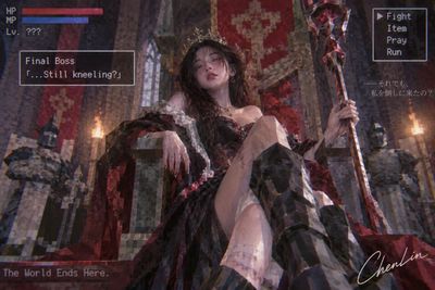 Low-Angle Queen on Throne with Floating Retro Game UI