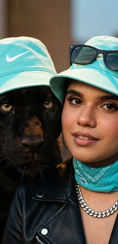 Night Duo: Woman and Panther in Urban Glow
