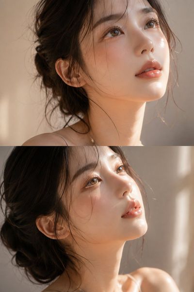 Sunlit porcelain skin glows in a dreamy beauty editorial portrait