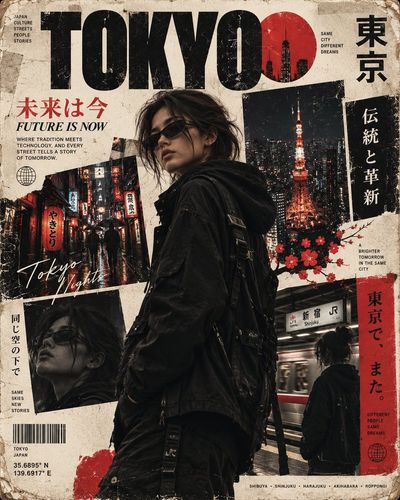Stylish Woman Poses In Neon-Lit Tokyo Street Collage Poster