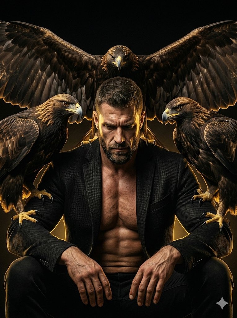 Muscular man with three golden eagles commands an epic portrait