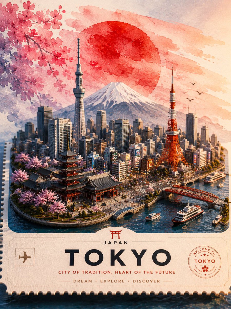 Cherry blossoms frame Tokyo's iconic skyline with Mount Fuji's majesty
