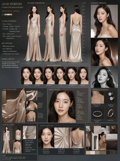 A stunning female protagonist poses in a sculpted silk gown.