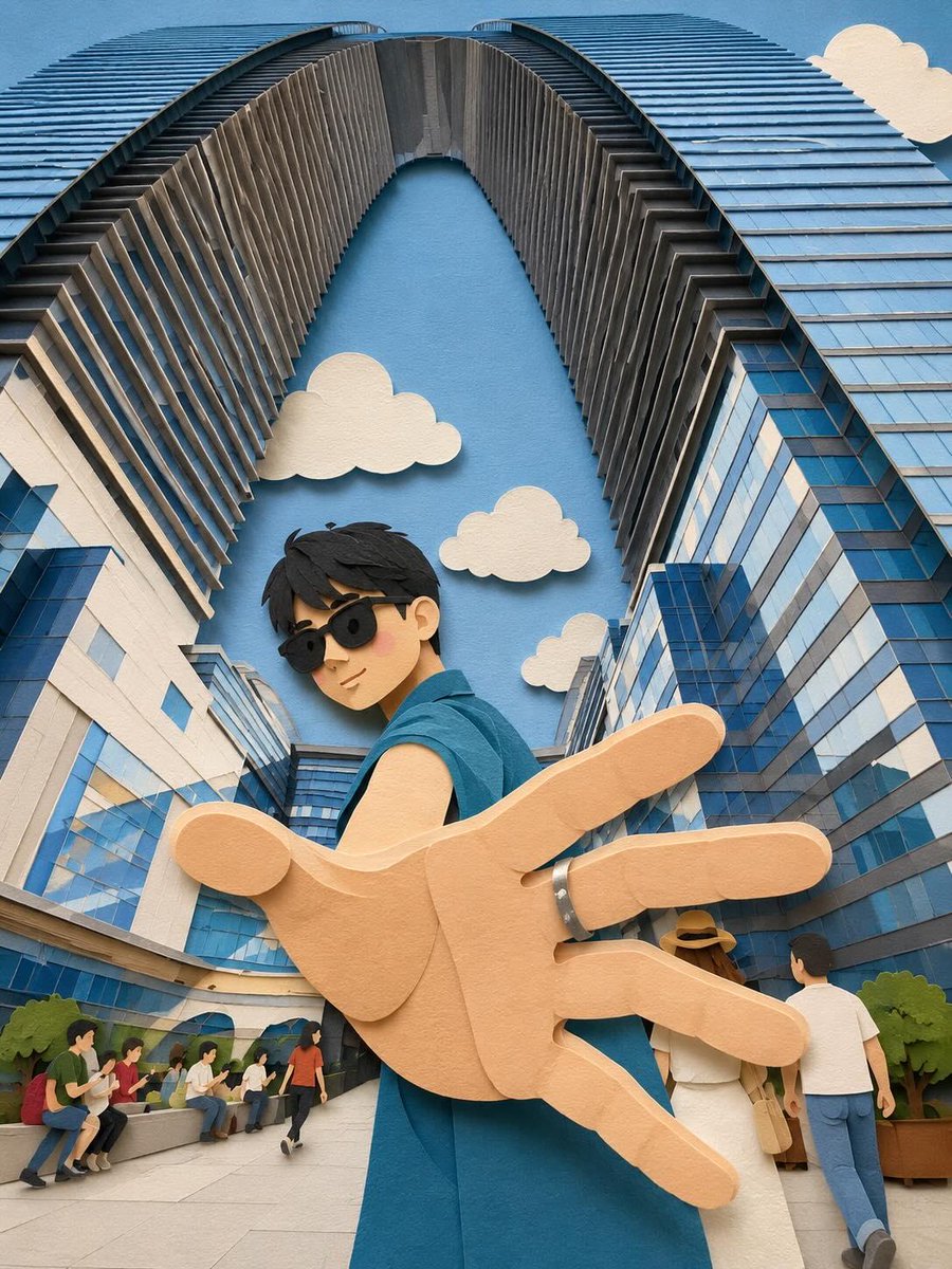Young traveler touches paper skyline in Taipei 101 streets
