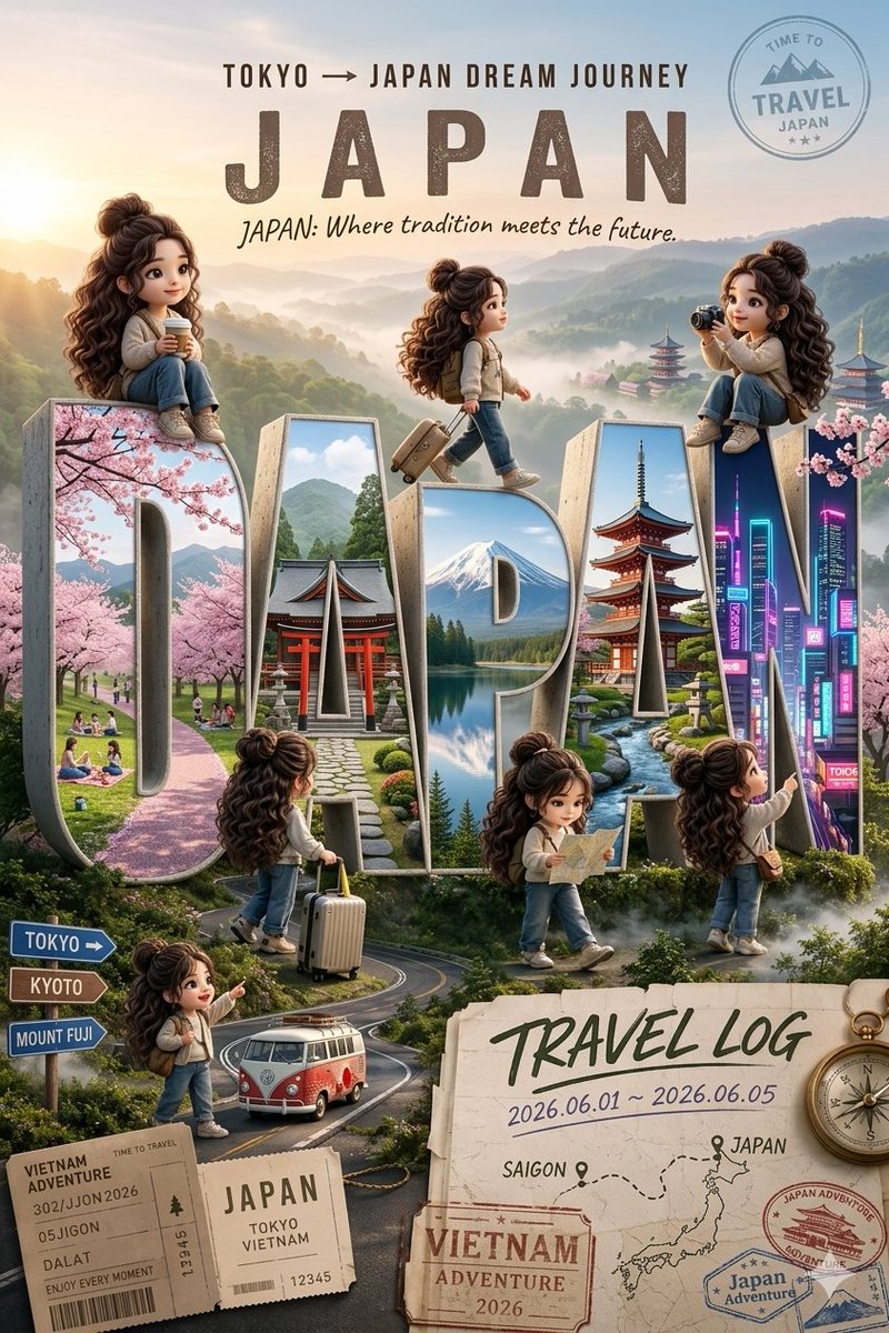 Tiny chibi travelers explore giant Japan letters in dreamy landscape