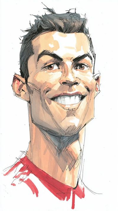 Vibrant ink and watercolor caricature of Cristiano Ronaldo in red jersey