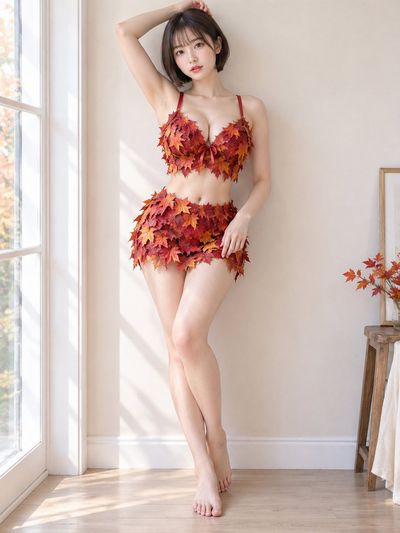 Woman in red maple leaf dress stands by sunny window