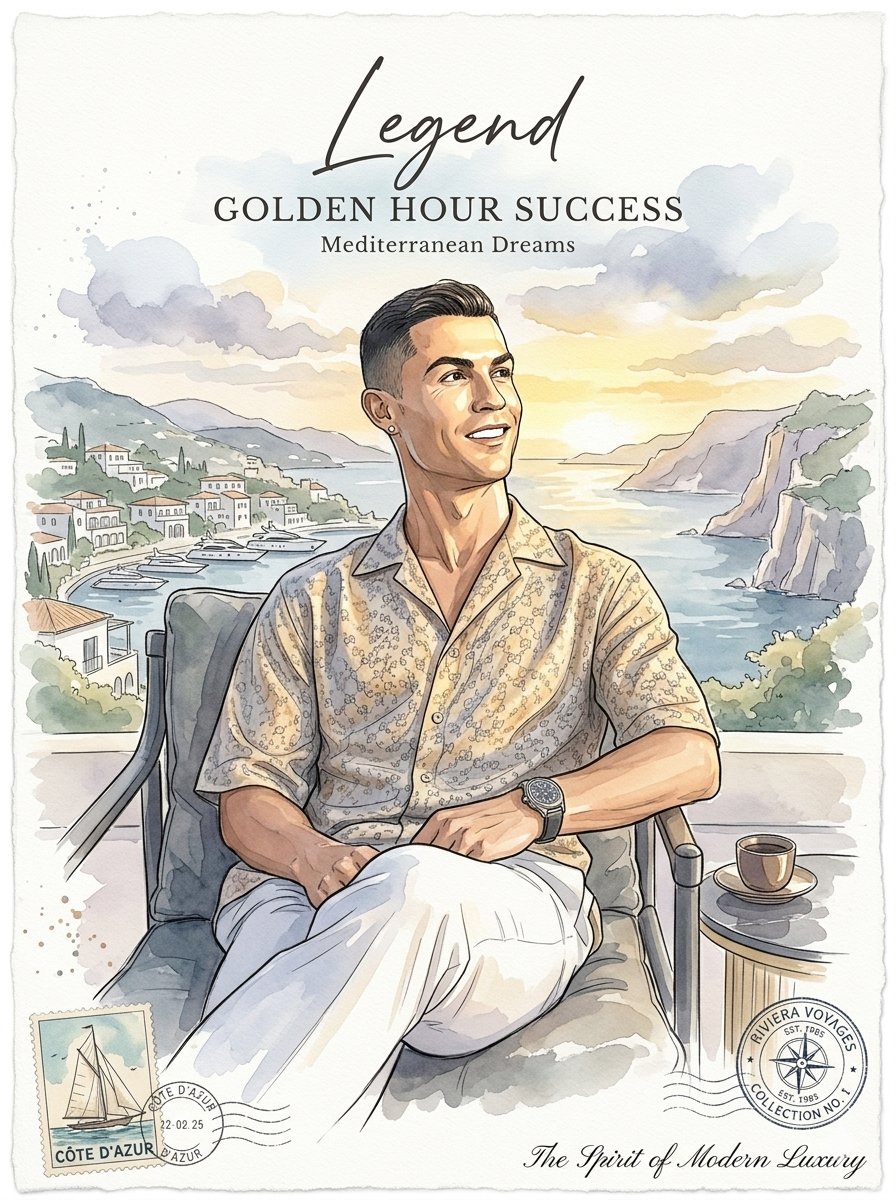 A football legend poses on a sunlit Mediterranean terrace in watercolor.