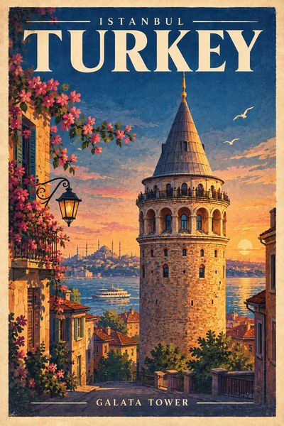Vintage Travel Poster of Eiffel Tower Glowing Under Twilight Paris Sky