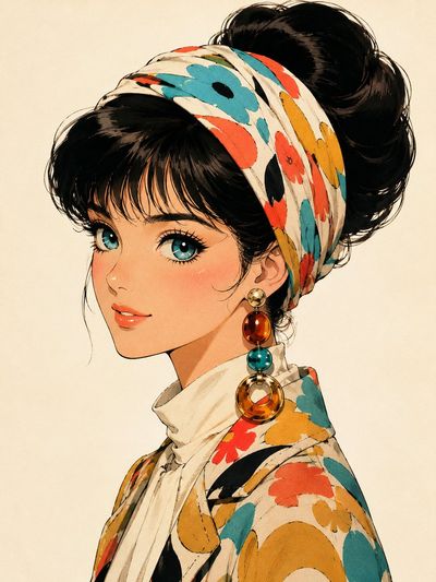 A graceful young woman in a silk headscarf smiles softly.