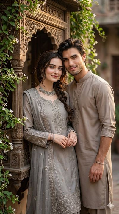 A Pakistani couple shares a playful smile by a vintage jharokha