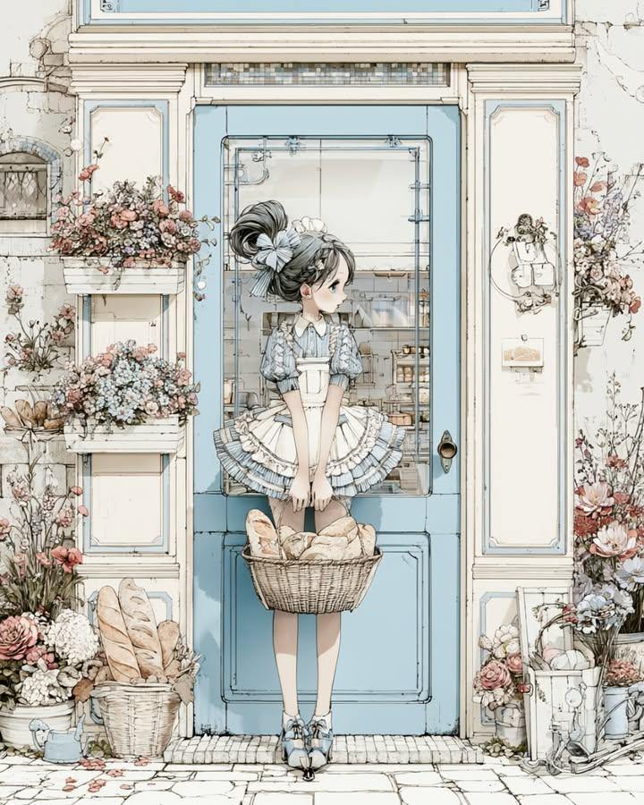 A young baker girl smiles by a cozy vintage bakery doorway