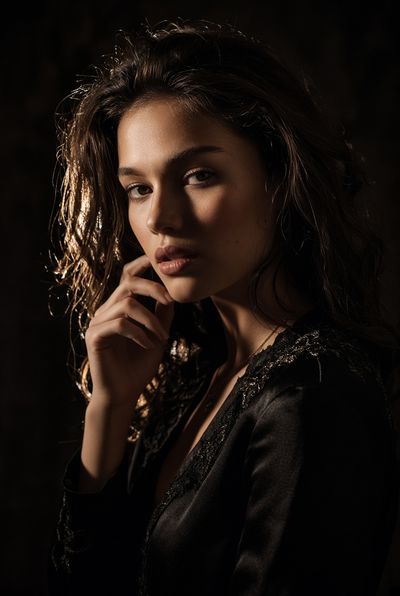 Woman with wet-look hair poses in dramatic rim light portrait