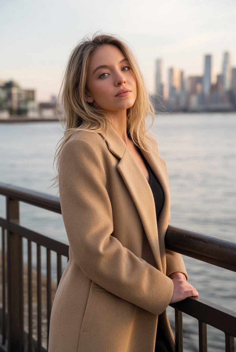 Young blonde woman leans on railing at golden hour waterfront