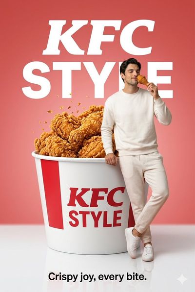 Giant Fried Chicken Showcase with Stylish Young Man