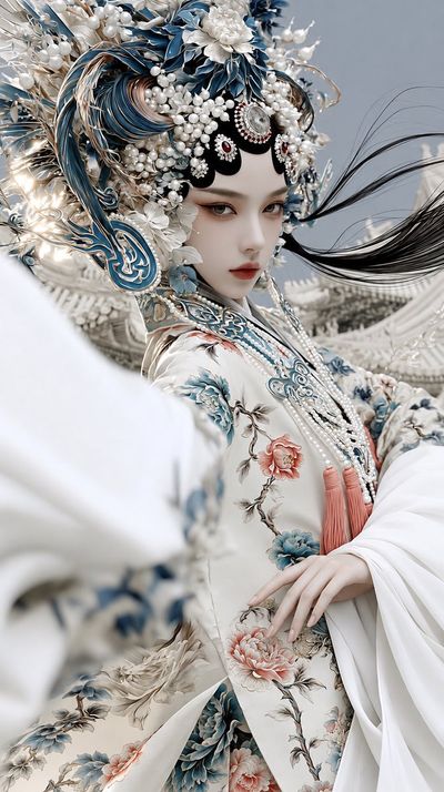 An ivory-clad figure with ornate headdress stands in serene contemplation