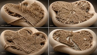 Wooden cityscape twists on a knot with infinite streets