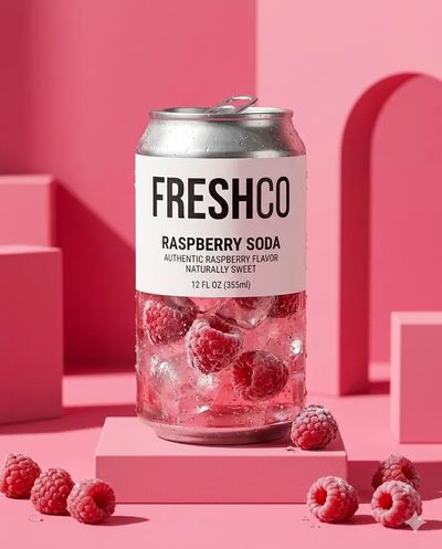 Crystal Clear Raspberry Soda Can on Pastel Pink Pedestal