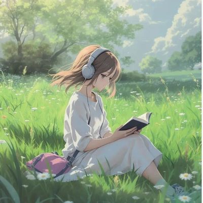 Girl with light brown hair reads in a flower-filled meadow