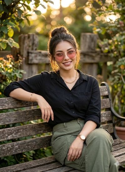 Young woman relaxes on wooden bench during golden hour