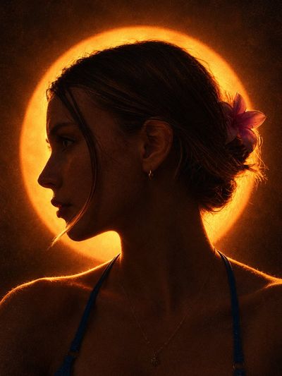 Silhouetted Woman Glows Against Warm Amber Halo in Dark Profile