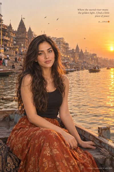 Elif Sits in Wooden Boat on Ganges at Golden Hour