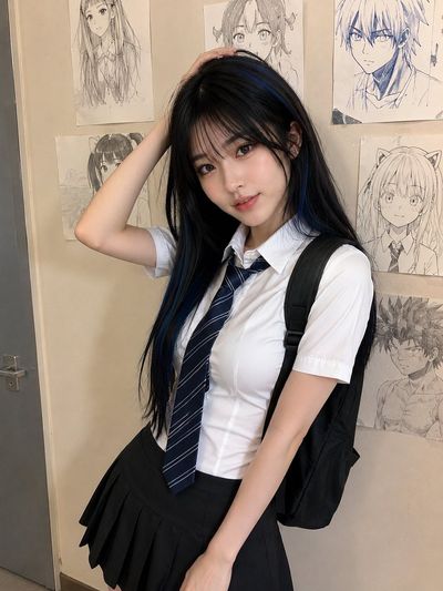 Young woman in school uniform stands by anime sketches on wall