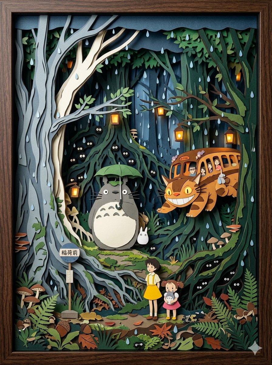 Totoro Paper Forest Bus Stop in Layered Diorama