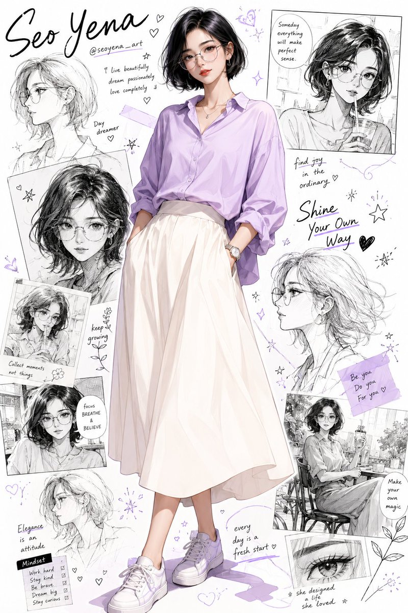 Young Korean woman in lilac blouse poses before artistic collage