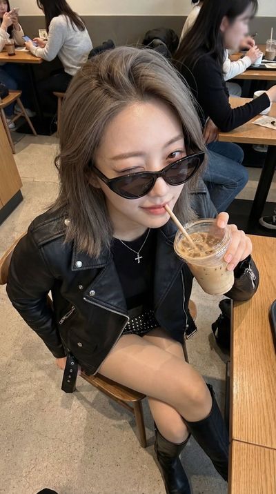 Edgy Cafe Moment: Cool Confidence in Leather and Iced Coffee