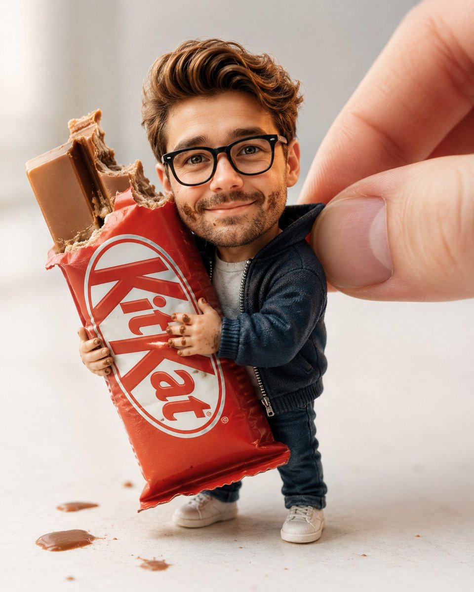 A tiny doll hugs a half-eaten KitKat bar with chocolate on her face