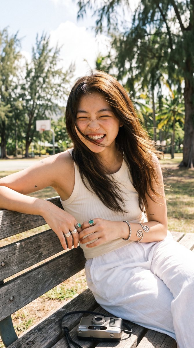 Woman laughs with windblown hair in sunny park