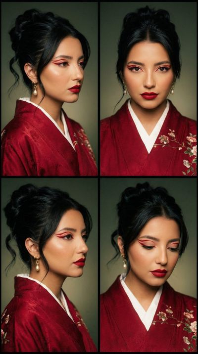 Cinematic Elegance: Red Kimono Editorial Grid