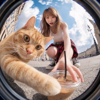 Woman kneeling to grab iced coffee as cat photobombs
