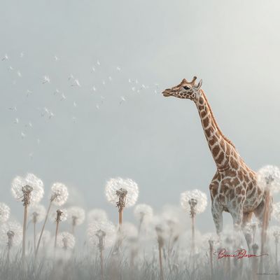Whimsical Serenade: Giraffe Meets Dandelions