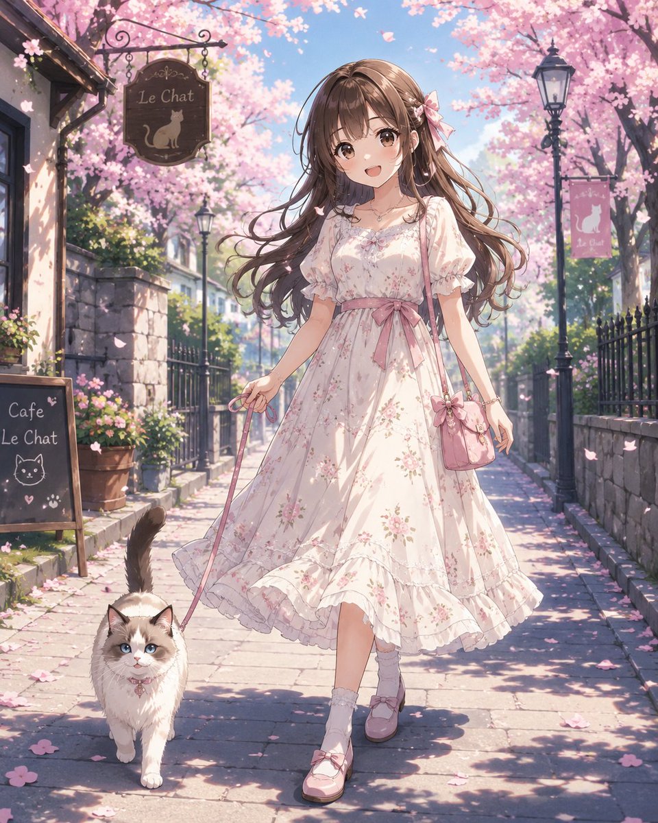 Anime girl walks with cat under blooming cherry blossom trees