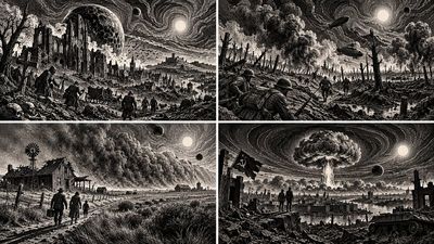 Scratchboard engraving shows black ivory fields with flowing lines
