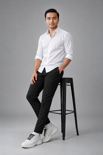 Man in white shirt leans casually against metal stool in studio