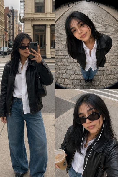 Young woman in black leather jacket poses for urban street photo collage