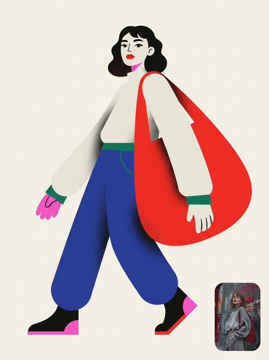 Geometric character poster with oversized object in flat editorial style