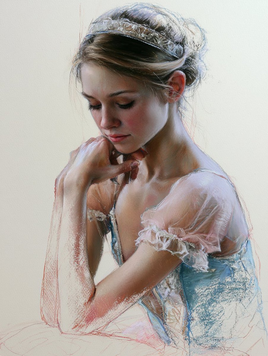 A pastel portrait of a woman in soft Rococo style